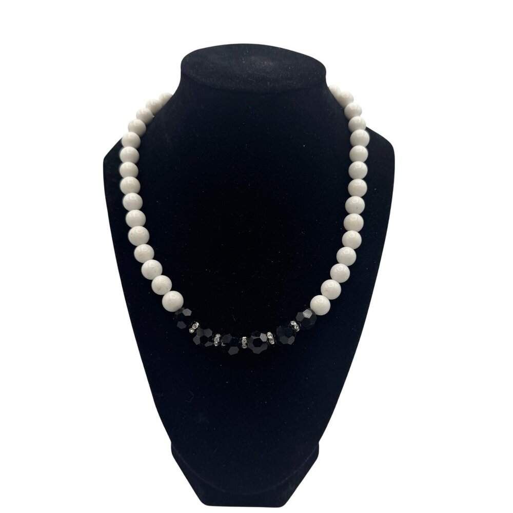 White Beaded Necklace Rhinestone Black Accents Adjustable Clasp Statement Jewelr